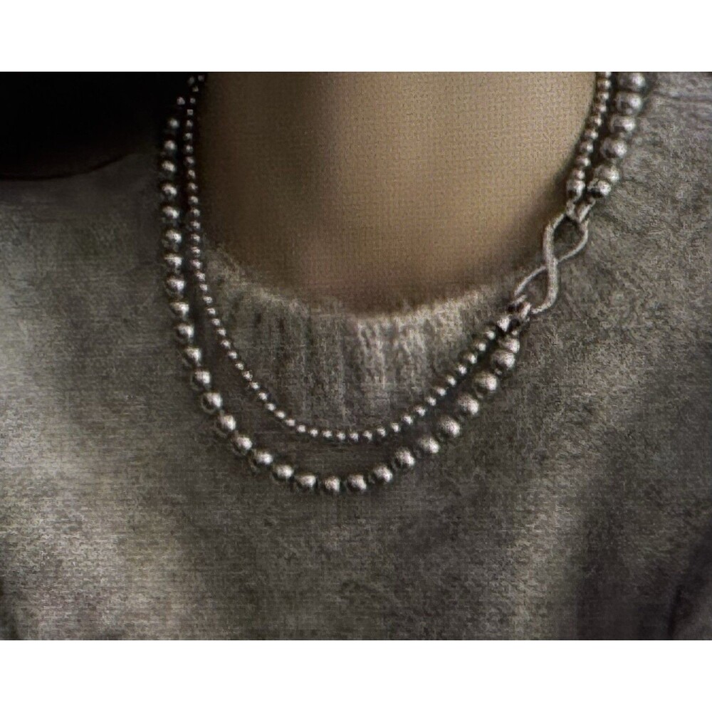 Silver Metallic Layered Double Strand Beaded Ball/Bead Necklace Infinity Clasp